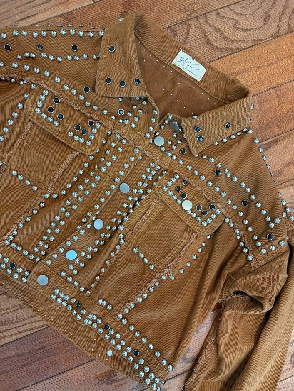 Before You Studded Raw Hem Cropped Denim Jacket